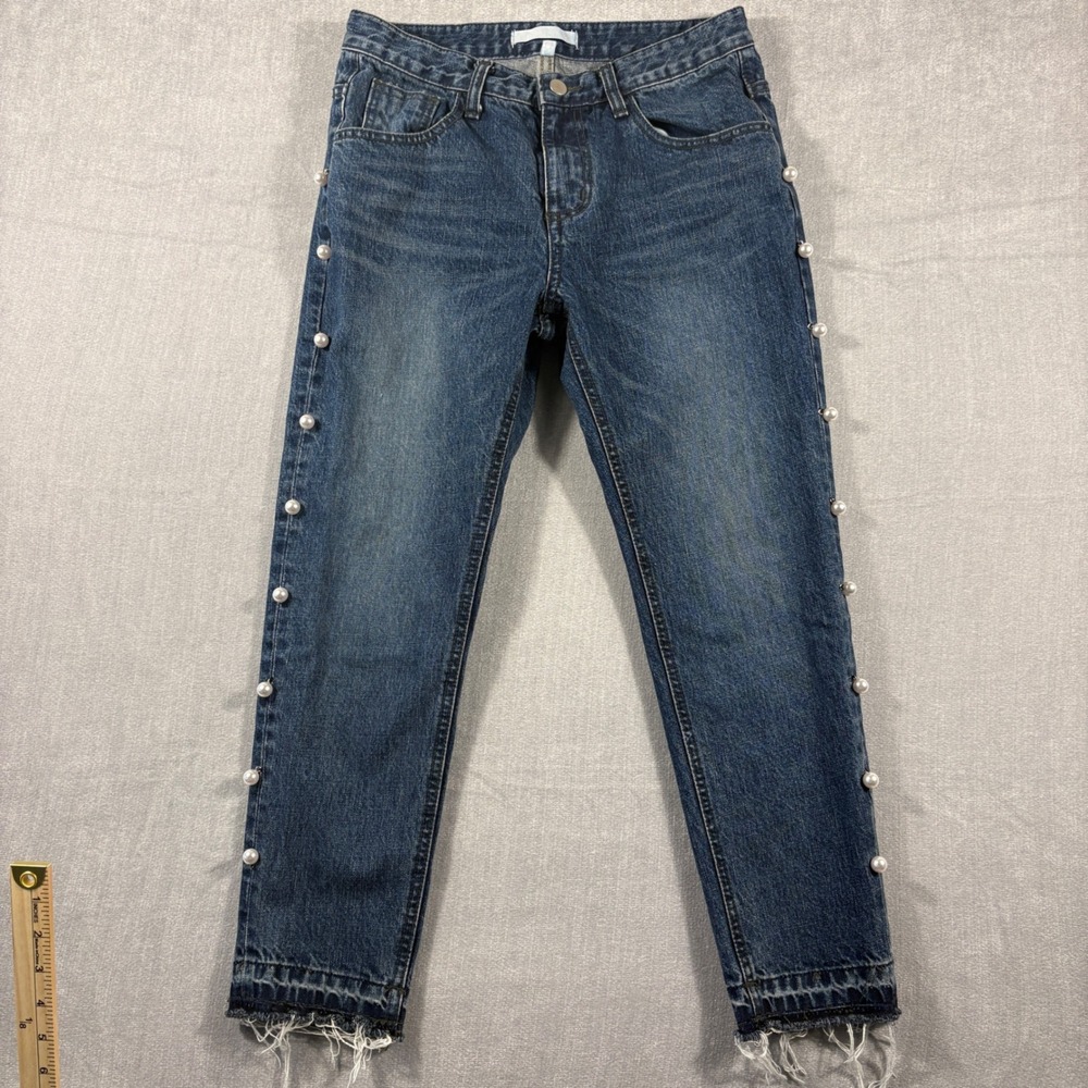 Womens Medium Wash Pearl Side Charm Frayed Hem Straight Leg Jeans Size M